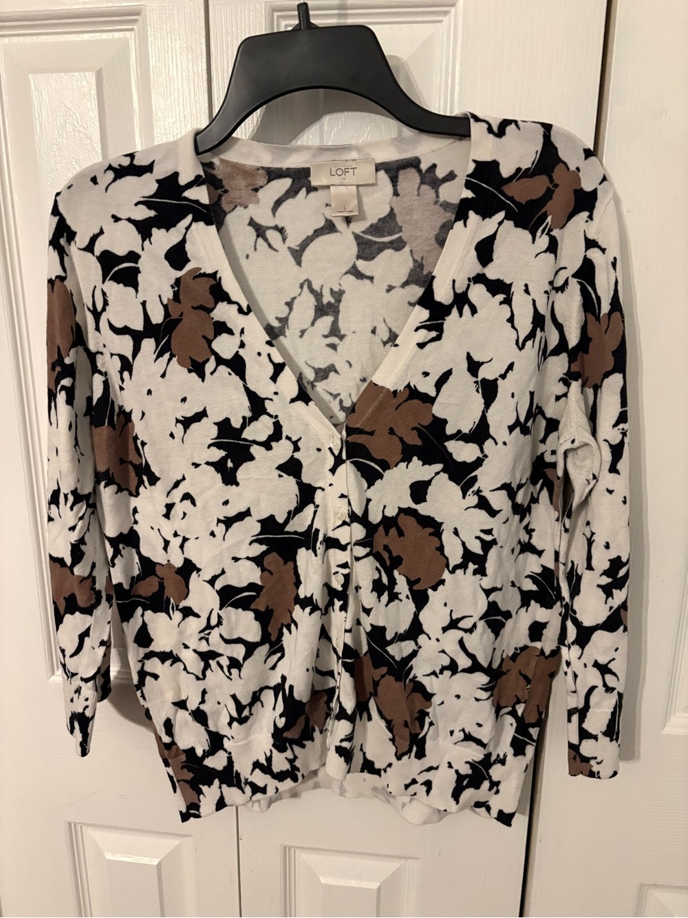 LOFT Black White & Brown Floral V-Neck Cardigan
